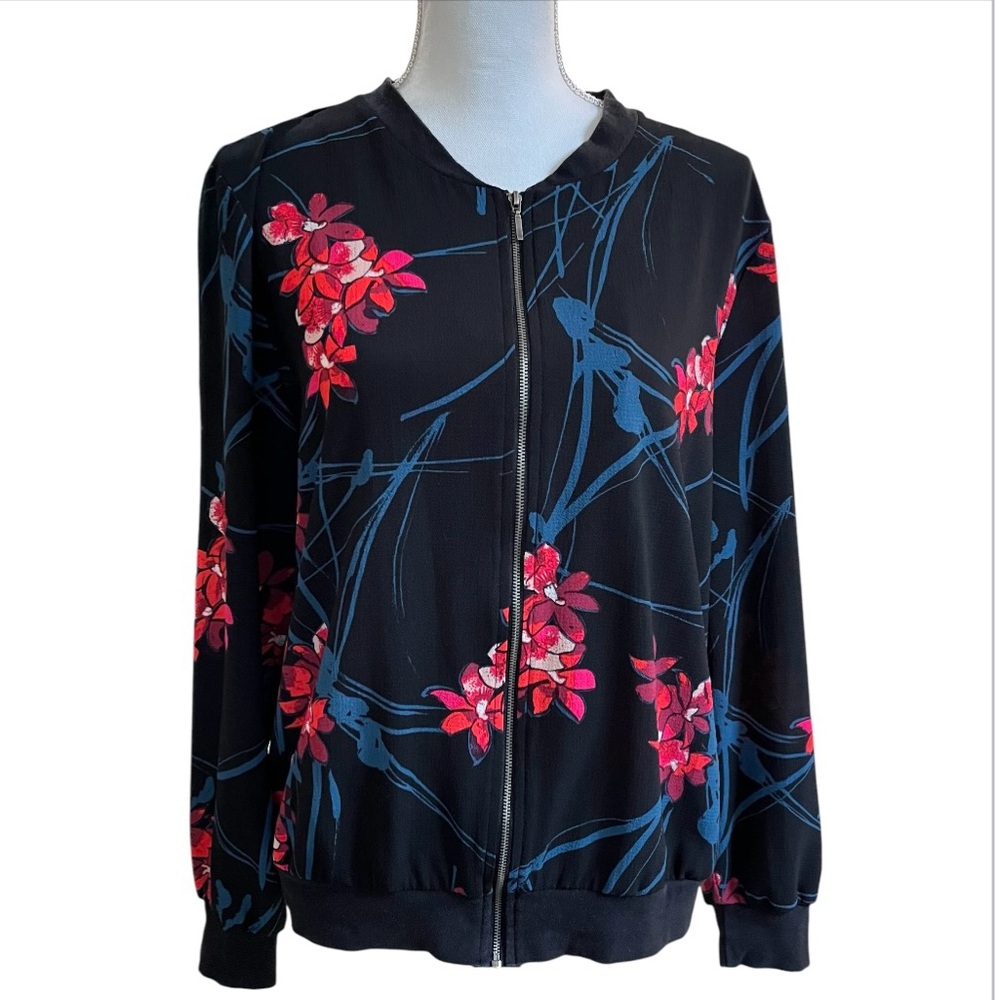 Como Black Lightweight Sheer Floral Zip Up Jacket